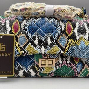 Caleesa Los Angeles Abstract Quilted Shoulder Bag NEW Colorful Snake Skin Vegan
